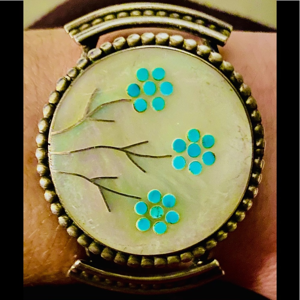 2XHP💕Vintage Zuni MOP Turquoise Sterling Bracelet - Picture 4 of 11